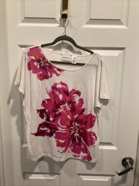 Alfred Dunner White Short-Sleeve Top with Pink Floral Print